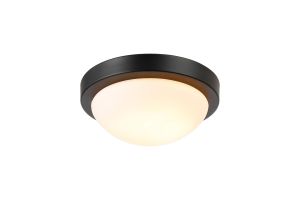 Porter 25.5cm IP44 1 Light E27 25cm Flush Ceiling Light, Satin Black With Opal White Glass