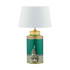 Prospect 1 Light E27 Green/Gold Table Lamp With In-Line Switch C/W Cezanne White Faux Silk Tapered 40cm Drum Shade