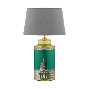 Prospect 1 Light E27 Green/Gold Table Lamp With In-Line Switch C/W Cezanne Grey Faux Silk Tapered 40cm Drum Shade