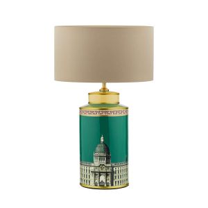 Prospect 1 Light E27 Green/Gold Table Lamp With In-Line Switch C/W Hilda Taupe Faux Silk 40cm Drum Shade