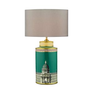 Prospect 1 Light E27 Green/Gold Table Lamp With In-Line Switch C/W Puscan Taupe Faux Silk 39cm Drum Shade
