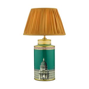 Prospect 1 Light E27 Green/Gold Table Lamp With In-Line Switch C/W Ulyana Yellow Ochre Faux Silk Pleated 40cm Shade