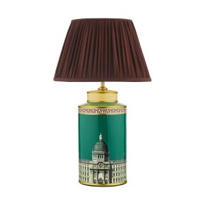 Prospect 1 Light E27 Green/Gold Table Lamp With In-Line Switch C/W Ulyana Burgundy Faux Silk Pleated 40cm Shade