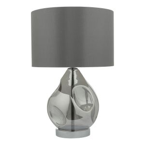 Quinn 1 Light E27 Smoked Glass With Oversized Dimpled Table Lamp With Inline Switch C/W Glass Faux Silk Drum Shade