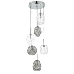 Quinn 6 Light G9 Polished Chrome Adjustable Pendant With Smoked & Clear Glass Shades With Oversized Dimples
