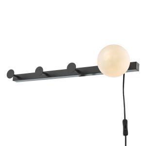 Rack 1 Light G9 Matt Black Wall Light & Coat Hook With inline Plug & Switch C/W Opal Glass Globe Shade