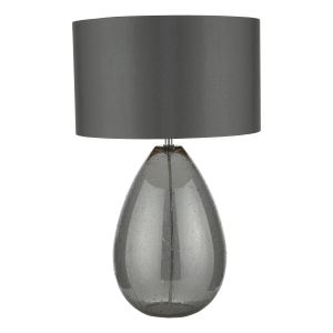 Rain 1 Light E27 Smoked Glass Table Lamp With Inline Switch C/W Grey Faux Silk Drum Shade