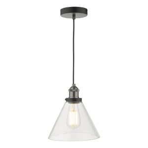Ray 1 Light E27 Antique Nickel Adjustable Pendant With Clear Glass Conical Shade