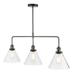 Ray 3 Light E27 Antique Nickel Adjustable Linear Bar Pendant With Clear Glass Conical Shades