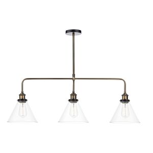 Ray 3 Light E27 Antique Brass Adjustable Linear Bar Pendant With Clear Glass Conical Shades