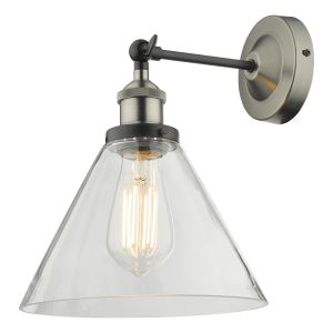 Ray 1 Light E27 Antique Nickel Adjustable Wall Light With Clear Glass Conical Shade