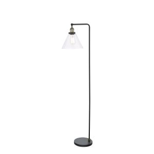 Ray 1 Light E27 Antique Brass & Black Floor Lamp With Inline Foot Switch C/W Clear Glass Conical Shade