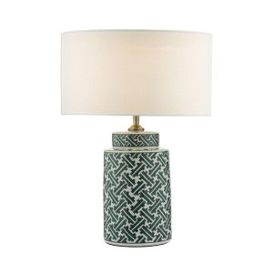 Reese 1 Light E27 Green & Blue Print Ceramic Table Lamp With Inline Switch C/W Pyramid White Linen 35cm Drum Shade