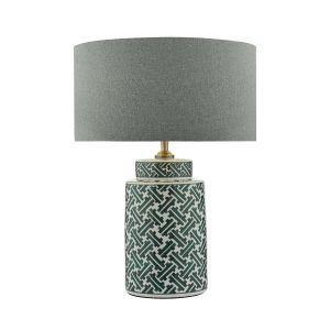 Reese 1 Light E27 Green & Blue Print Ceramic Table Lamp With Inline Switch C/W Pyramid Grey Linen 35cm Drum Shade
