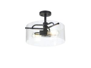 Reidy 35cm Semi Flush Ceiling, 2 Light E27, Sand Black / Clear Glass