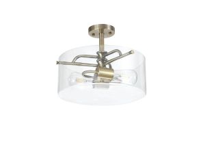 Reidy Semi Flush Ceiling, 2 Light E27, Antique Brass / Clear Glass