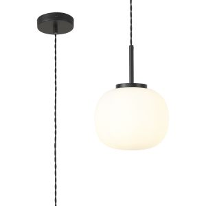 Reya Small Oval Ball Pendant 1 Light E27 Matt Black Suspension With Frosted White Glass Globe