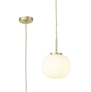 Reya Small Oval Ball Pendant 1 Light E27 Satin Gold Suspension With Frosted White Glass Globe