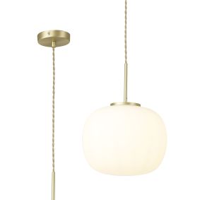 Reya Medium Oval Ball Pendant 1 Light E27 Satin Gold Suspension With Frosted White Glass Globe
