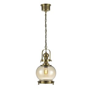 Riley Single Small Ball Pendant 1 Light E27 Antique Brass/Cognac Glass