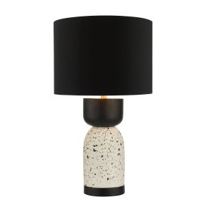 Roja 1 Light E27 White Terrazzo With Black Ash Wood Table Lamp With Inline Switch C/W Black Cotton 24cm Drum Shade