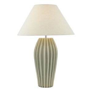 Rosario 1 Light E27 Grey Crackle Glazed Ribbed Effect Ceramic Table Lamp With Inline Switch C/W Ormolu Natural Linen 40cm Coolie Shade