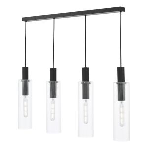 Ruben 4 Light Satin Black Adjustable Linear Bar Pendant With Clear Ribbed Glass Shades