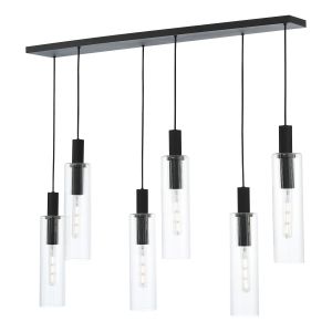 Ruben 6 Light Satin Black Adjustable Linear Bar Pendant With Clear Ribbed Glass Shades