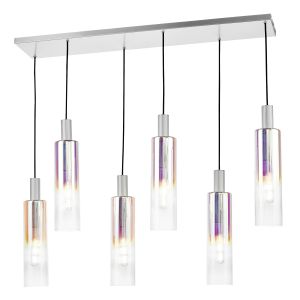 Ruben 6 Light Satin Silver Adjustable Linear Bar Pendant With Iridised Ribbed Glass Shades