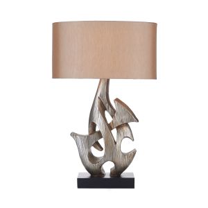 Sabre 1 Light E27 Silver & Wood Ornate Table Lamp With Inline Switch C/W Silver Faux Silk Lined Drum Shade