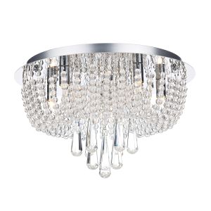 Saigon 5 Light G9 Polished Chrome Flush Ceiling Fitting With Clear Crystal Beads Around A Lavish Arrangement Of Central Glass Drops