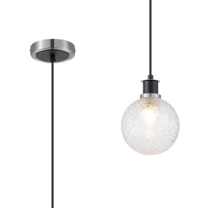 Salas 1.3m Pendant, 1 Light E14 With 15cm Round Dimpled Glass Shade, Satin Nickel, Clear & Satin Black