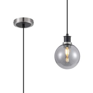 Salas 1.3m Pendant, 1 Light E14 With 15cm Round Glass Shade, Satin Nickel, Smoke Plated & Satin Black