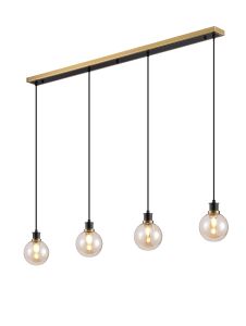 Salas 1.3m Linear Pendant, 4 Light E14 With 15cm Round Glass Shade, Brass, Amber Plated & Satin Black