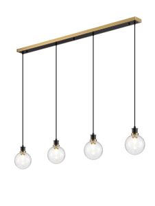 Salas 1.3m Linear Pendant, 4 Light E14 With 15cm Round Crackled Glass Shade, Brass, Clear & Satin Black