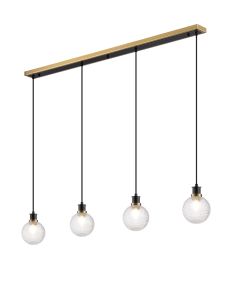 Salas 1.3m Linear Pendant, 4 Light E14 With 15cm Round Textured Diamond Pattern Glass Shade, Brass, Clear & Satin Black