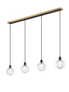 Salas 1.3m Linear Pendant, 4 Light E14 With 15cm Round Textured Melting Glass Shade, Brass, Clear & Satin Black