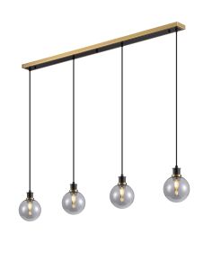 Salas 1.3m Linear Pendant, 4 Light E14 With 15cm Round Glass Shade, Brass, Smoke Plated & Satin Black