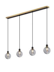 Salas 1.3m Linear Pendant, 4 Light E14 With 15cm Round Double Textured Smooth / Ribbed Glass Shade, Brass, Smoke Plated & Satin Black