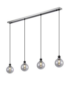 Salas 1.3m Linear Pendant, 4 Light E14 With 15cm Round Glass Shade, Satin Nickel, Smoke Plated & Satin Black