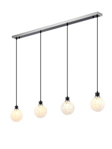 Salas 1.3m Linear Pendant, 4 Light E14 With 15cm Round Speckled Glass Shade, Satin Nickel, White & Satin Black