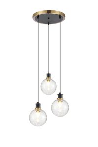 Salas 1.3m Round Pendant, 3 Light E14 With 15cm Round Crackled Glass Shade, Brass, Clear & Satin Black