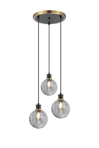 Salas 1.3m Round Pendant, 3 Light E14 With 15cm Round Double Textured Smooth / Ribbed Glass Shade, Brass, Smoke Plated & Satin Black
