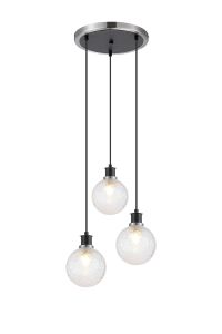 Salas 1.3m Round Pendant, 3 Light E14 With 15cm Round Dimpled Glass Shade, Satin Nickel, Clear & Satin Black