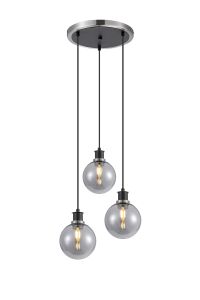 Salas 1.3m Round Pendant, 3 Light E14 With 15cm Round Glass Shade, Satin Nickel, Smoke Plated & Satin Black