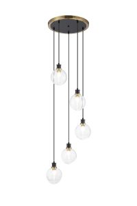 Salas 1.8m Round Pendant, 5 Light E14 With 15cm Round Ribbed Glass Shade, Brass, Clear & Satin Black