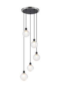 Salas 1.8m Round Pendant, 5 Light E14 With 15cm Round Dimpled Glass Shade, Satin Nickel, Clear & Satin Black