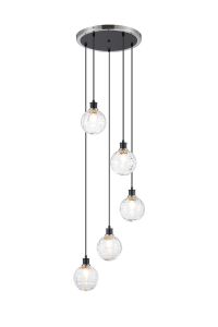 Salas 1.8m Round Pendant, 5 Light E14 With 15cm Round Textured Melting Glass Shade, Satin Nickel, Clear & Satin Black