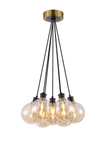 Salas 45cm Round Cluster Pendant, 7 Light E14 With 15cm Round Glass Shade, Brass, Amber Plated & Satin Black