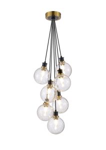 Salas 1.3m Round Cluster Pendant, 7 Light E14 With 15cm Round Crackled Glass Shade, Brass, Clear & Satin Black